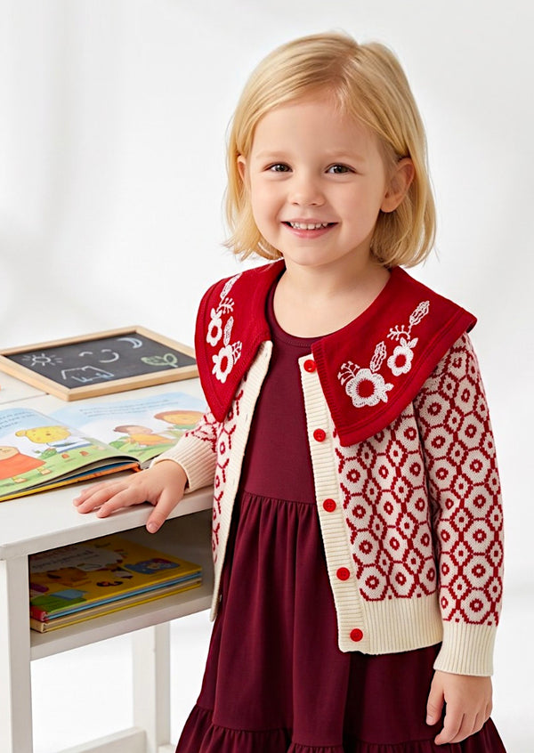 Girls Deep Red Print Cardigan with Collar 