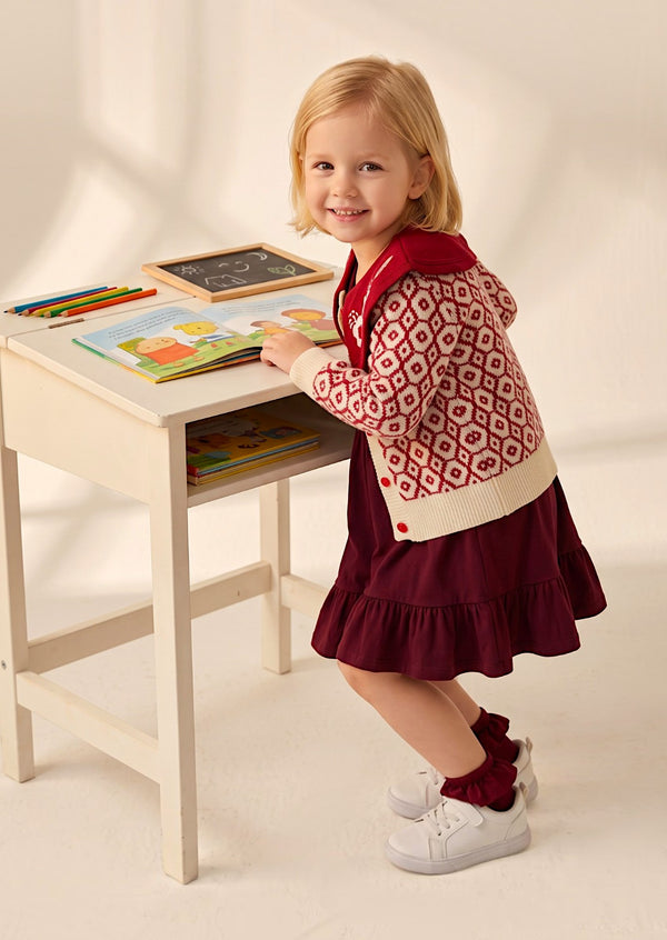 Girls Deep Red Print Cardigan with Collar 