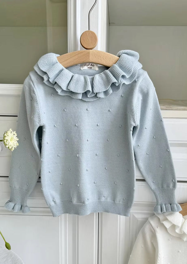 Double Ruffle Dot Knit Pullover Sweater in Blue