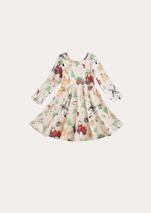 Christmas Trees Tractor Dress in Beige