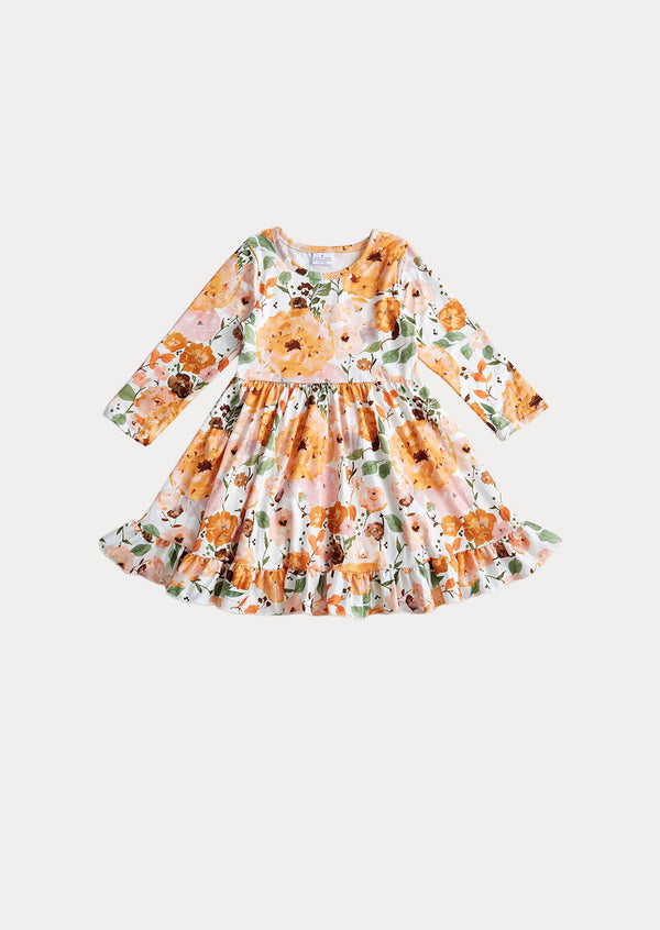 Kiara Fall Floral Twirl Dress || Brown Orange