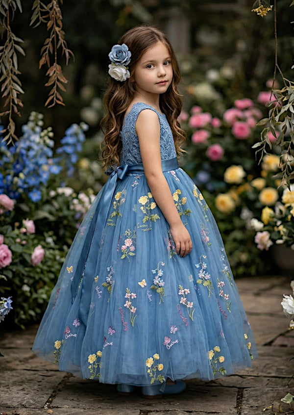 Dusty Blue Floral Flower Girl Dress Open Lace Back & Tulle Skirt 
