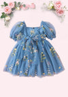 Enchanted Floral Party Dress in Dusty Blue
