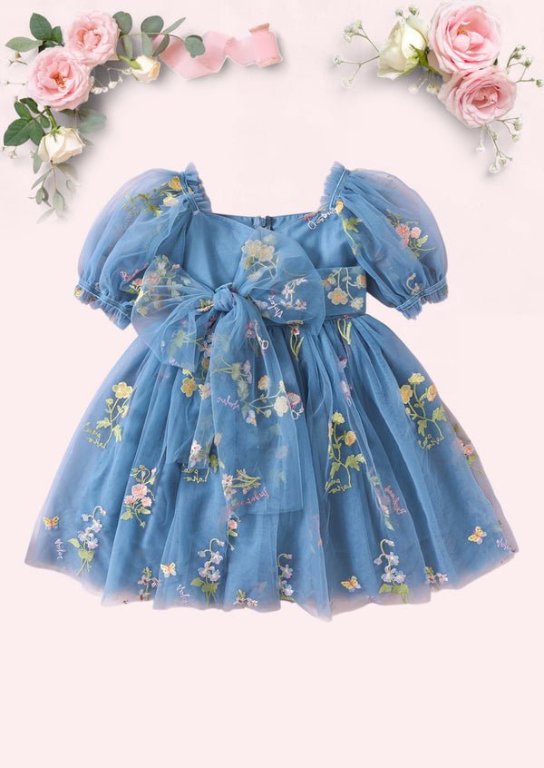 Enchanted Floral Party Dress in Dusty Blue