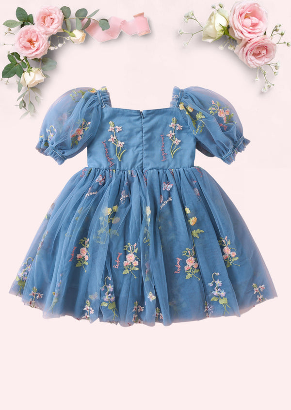 Enchanted Floral Party Dress in Dusty Blue