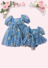 Enchanted Floral Party Dress in Dusty Blue