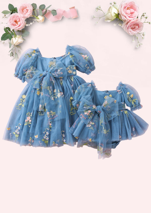 Enchanted Floral Party Dress in Dusty Blue
