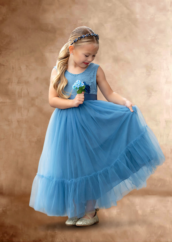 Azazie Flower Girl Dress || Dusty Blue - 1-2Year / Dress with Chiffon  Flower Sash Azazie Dusty Blue Flower Girl Dress