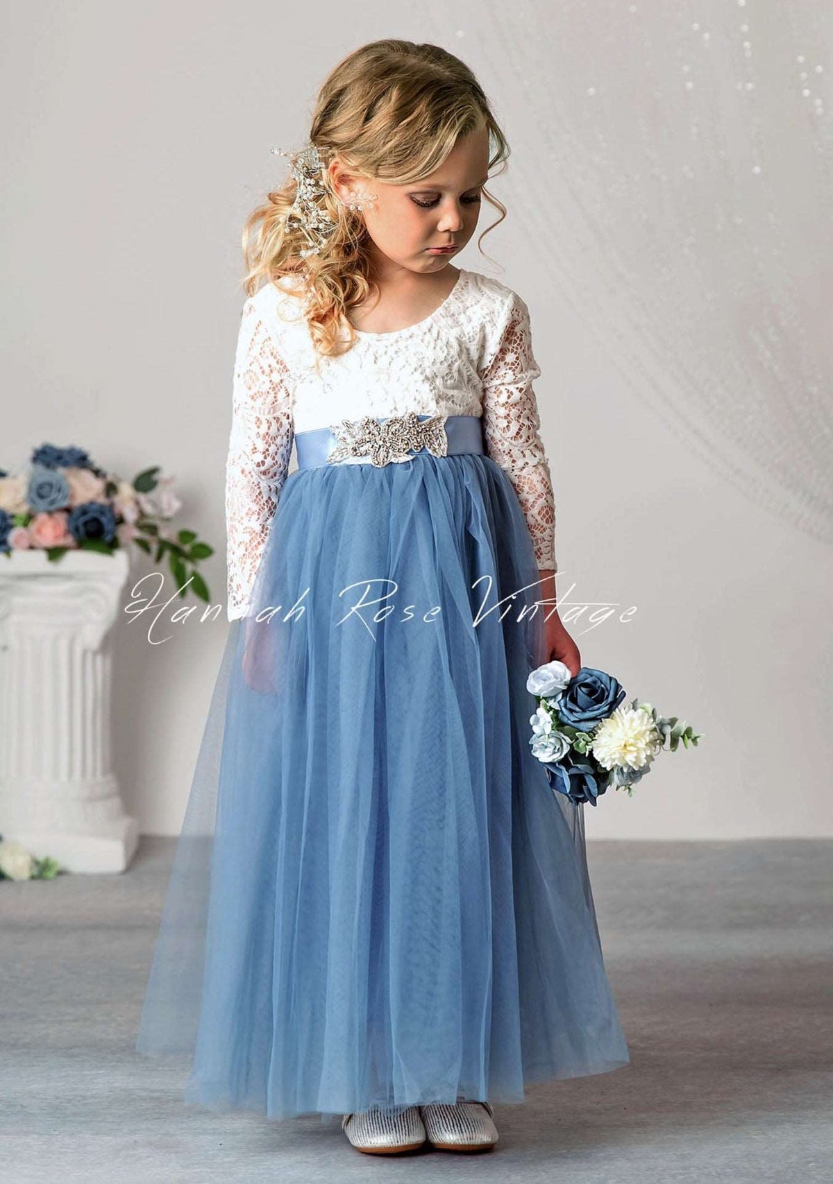 Dusty Blue Flower Girl Dress with Sleeves - Hannahrosevintageboutique.com