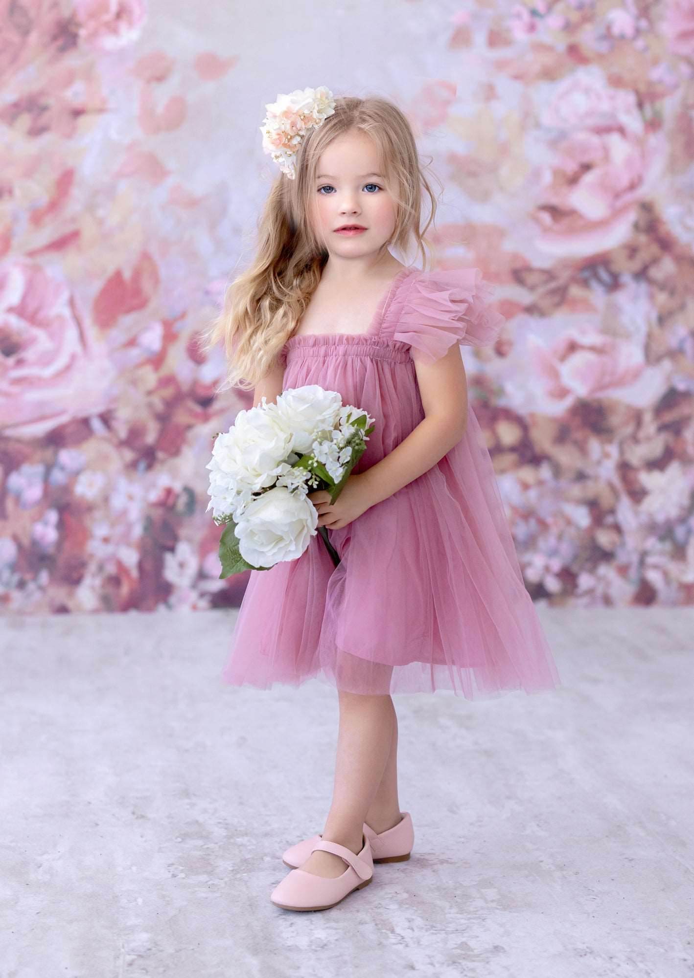 Girls Flutter Sleeve Tulle Dress Dusty Pink