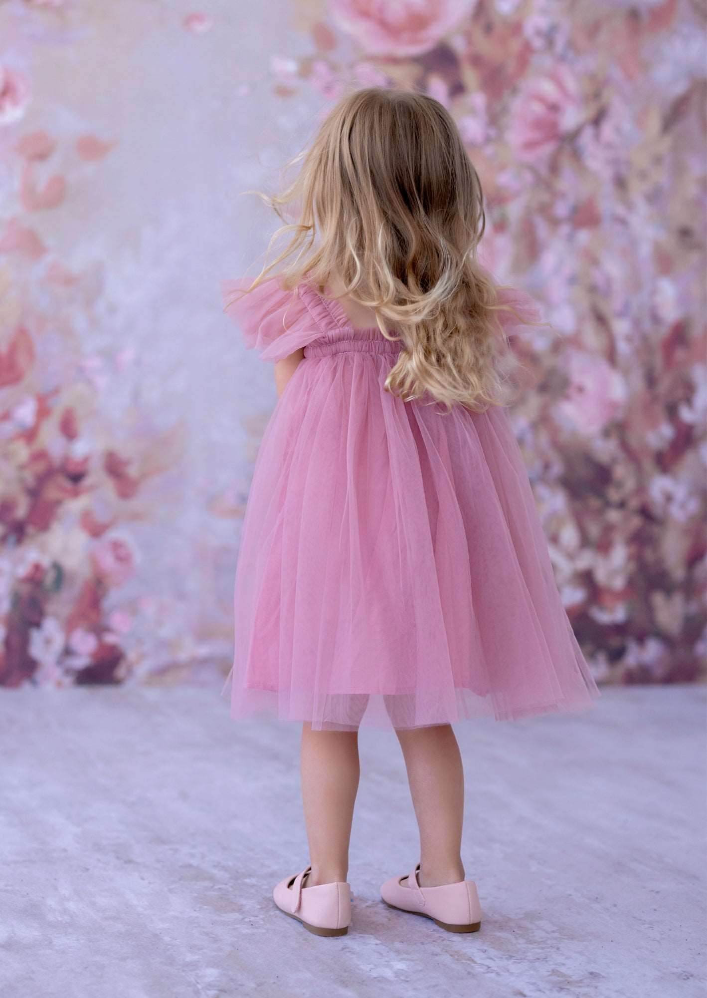 Girls Flutter Sleeve Tulle Dress Dusty Pink