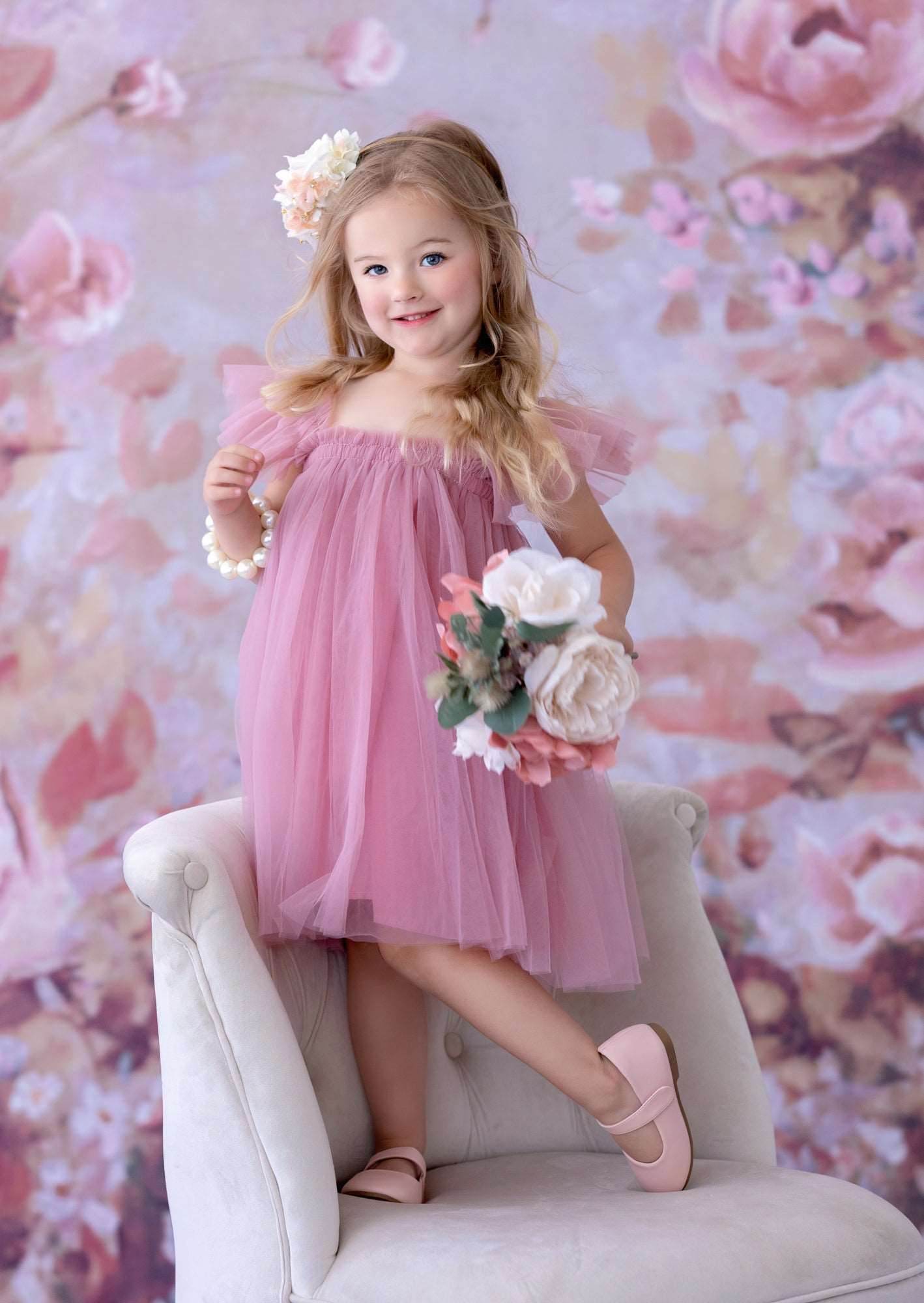 Girls Flutter Sleeve Tulle Dress Dusty Pink