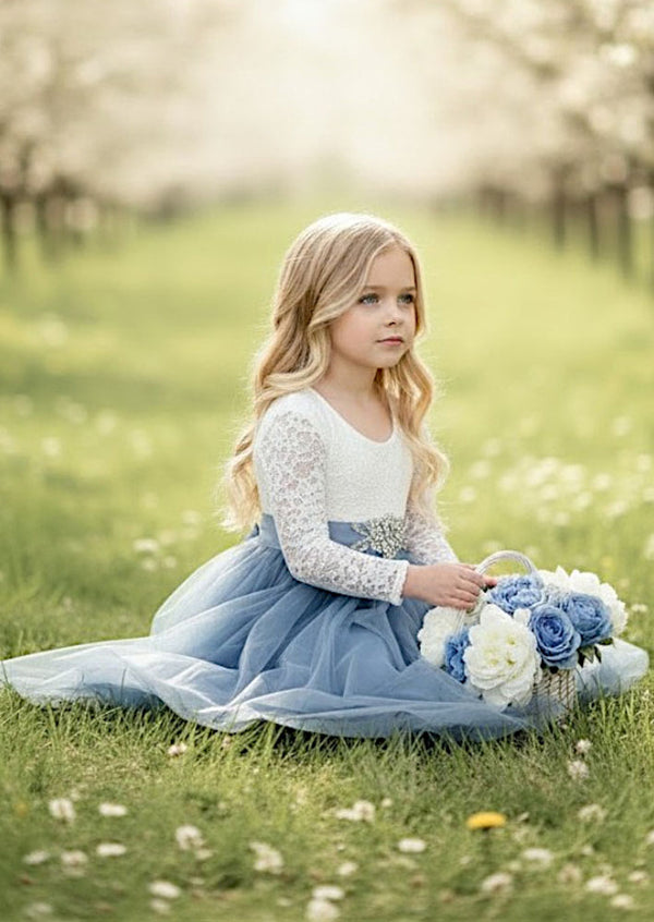 Dusty Blue Flower Girl Dress Lace Bodice & Feathered Open Back