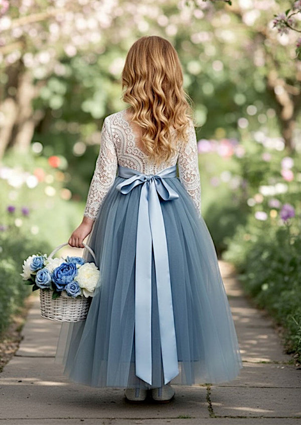 Dusty Blue Flower Girl Dress Lace Bodice & Feathered Open Back