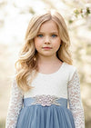 Dusty Blue Flower Girl Dress Lace Bodice & Feathered Open Back