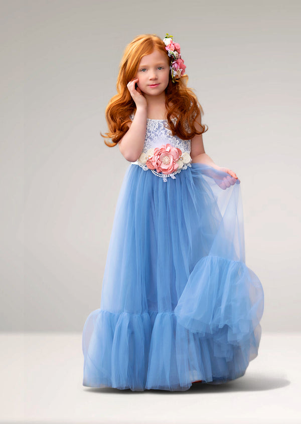 Dusty blue flower girl dresses with white lace bodice for weddings with rose flower sash