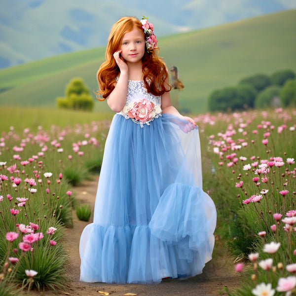 Dusty Blue Sleeveless Boho Flower Girl Dress Classic, Beach Weddings