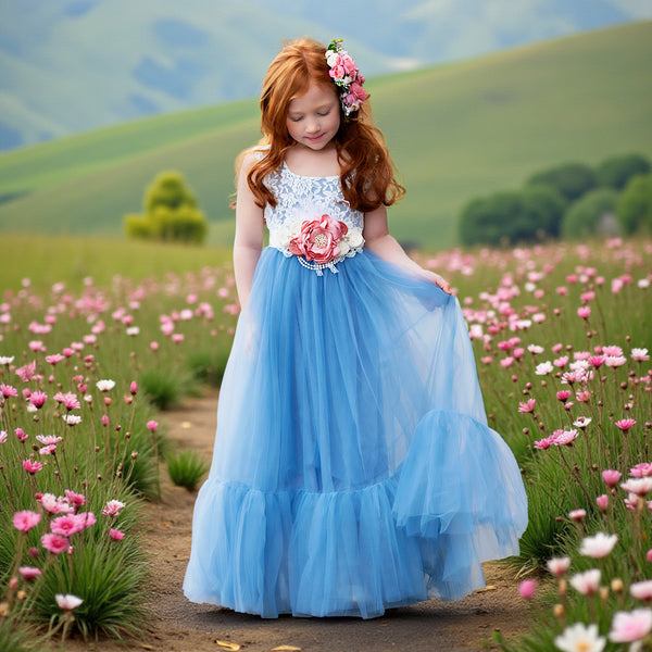 Dusty Blue Sleeveless Boho Flower Girl Dress Classic, Beach Weddings