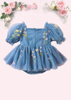 Enchanted Floral Baby Girl Romper in Dusty Blue