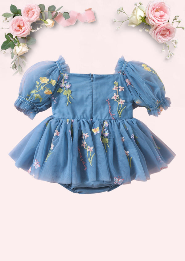 Enchanted Floral Baby Girl Romper in Dusty Blue