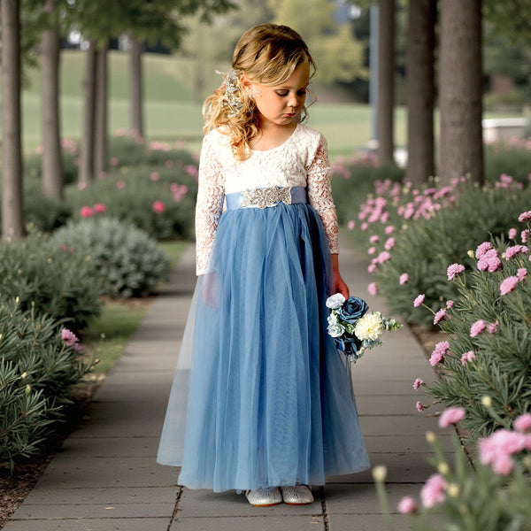Long Sleeve Flower Girl Dresses in Dusty Blue for Boho Wedding