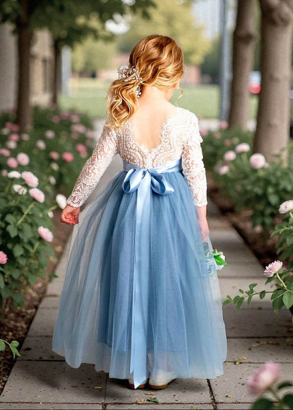 Dusty Blue Flower Girl Dress Lace Bodice & Feathered Open Back