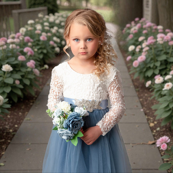 Long Sleeve Flower Girl Dresses in Dusty Blue for Boho Wedding