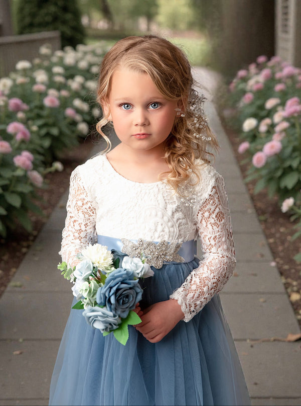 Dusty Blue Flower Girl Dress Lace Bodice & Feathered Open Back