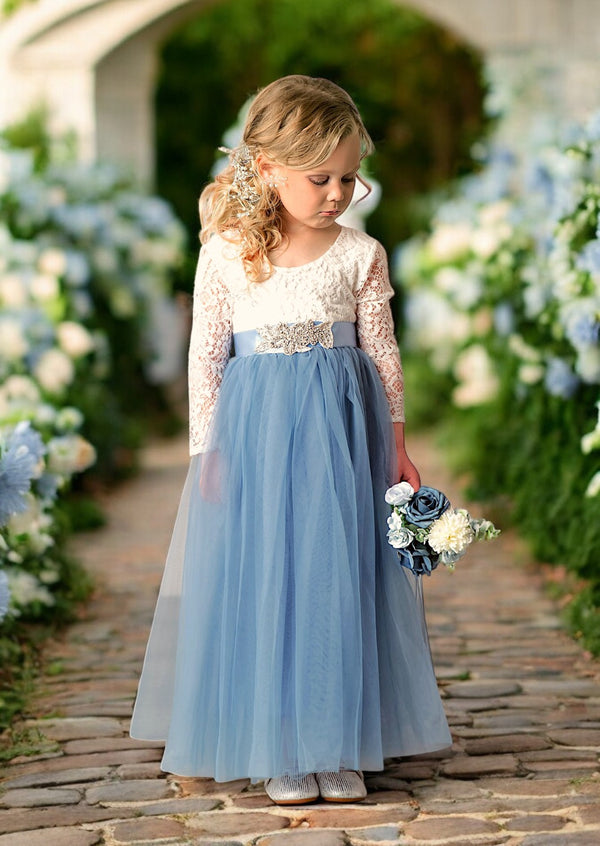 Dusty blue flower girl dresses with sleeves for toddlers