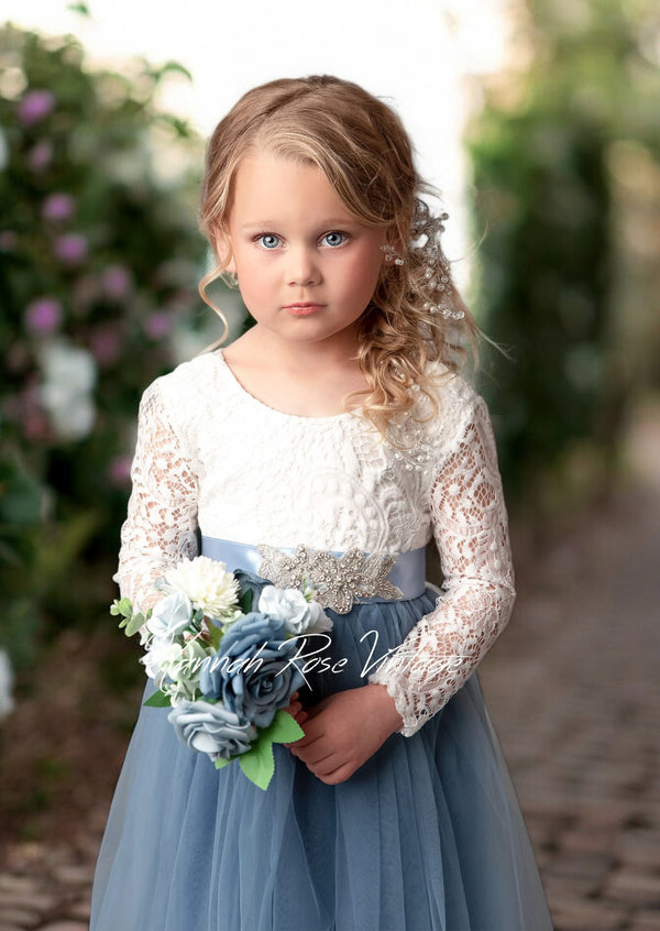 Blue Flower Girl Dress with sleeves