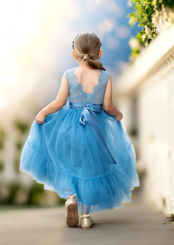 Dusty Blue Sleeveless Flower Girl Dress