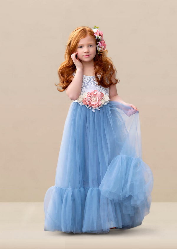 Dusty blue boho flower girl dress