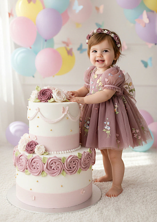 Embroider Cake Smash Baby Romper in Rose