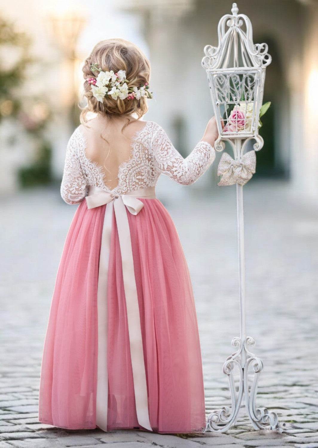 Dusty Rose Long Sleeve Tulle Dress – Romantic Flower Girl Gown for Fall or Winter Weddings