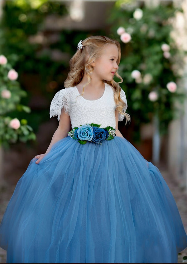 Short sleeve dusty blue tulle flower girl dress with silk flower sash 