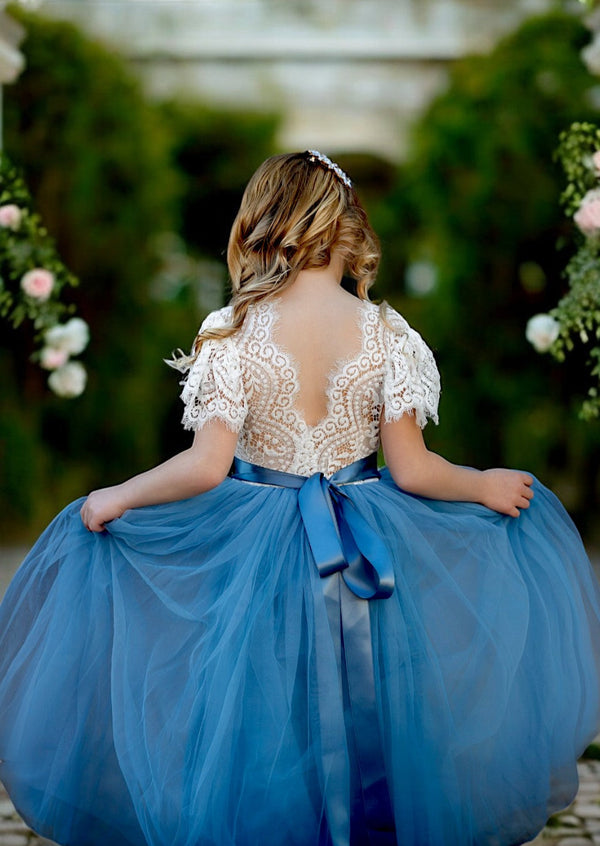 Short sleeve flower girl dresses in Dusty blue and white 