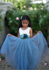 sleeveless Dusty blue flower girl dresses for toddlers with blue flower sash