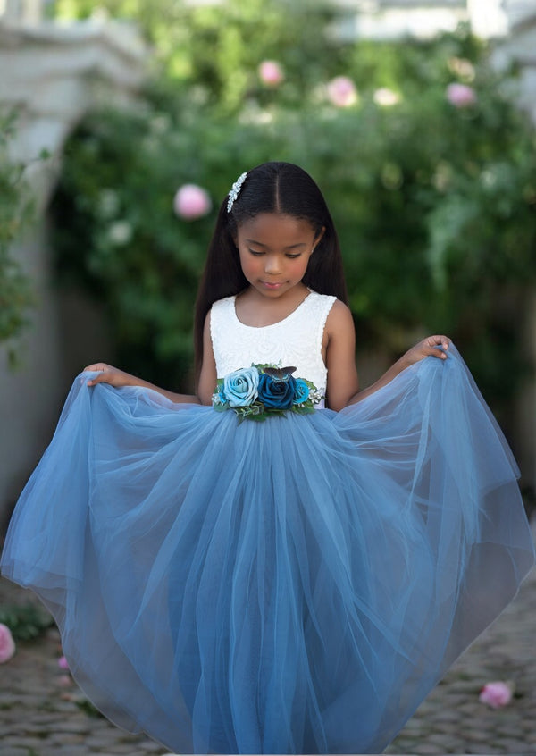 sleeveless Dusty blue flower girl dresses for toddlers with blue flower sash