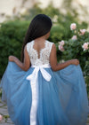 Dusty blue and white lace flower girl dresses for wedding