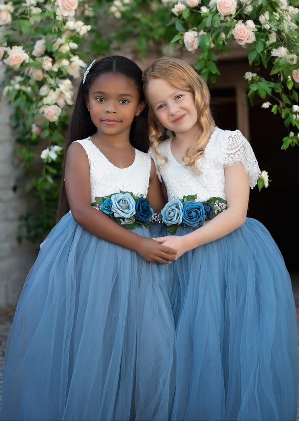 Dusty blue sleeveless and short sleeve flower girl dresses with lace top