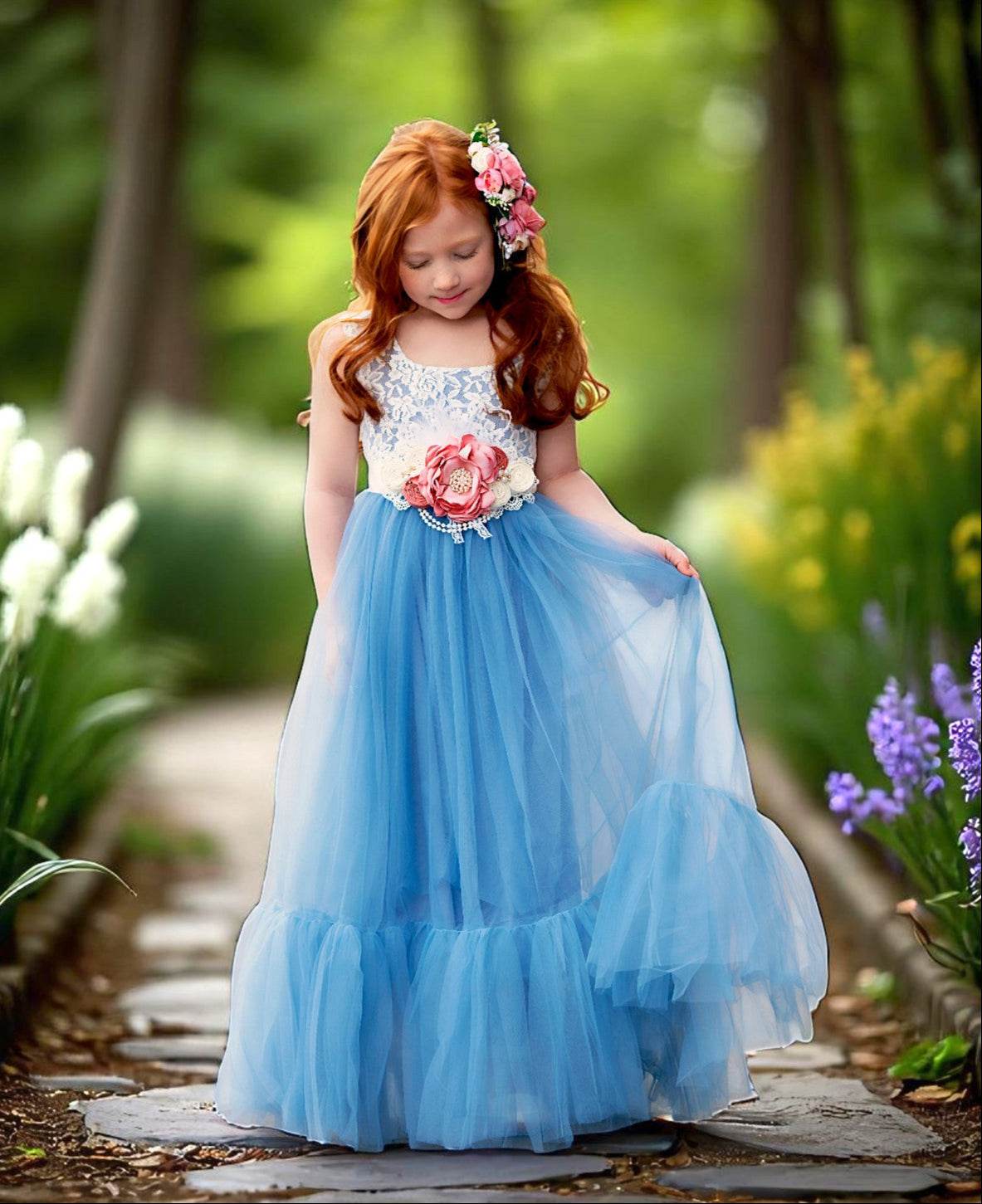 Sleeveless Dusty Blue Vintage Lace Flower Girl Dress-Junior Bridesmaids