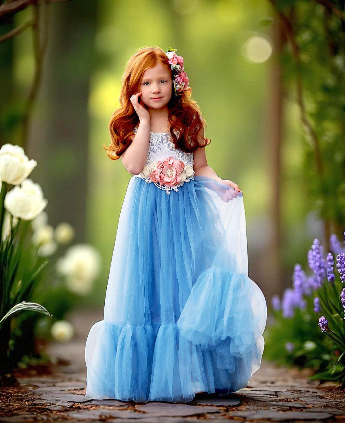 Sleeveless Dusty Blue Vintage Lace Flower Girl Dress-Junior Bridesmaids