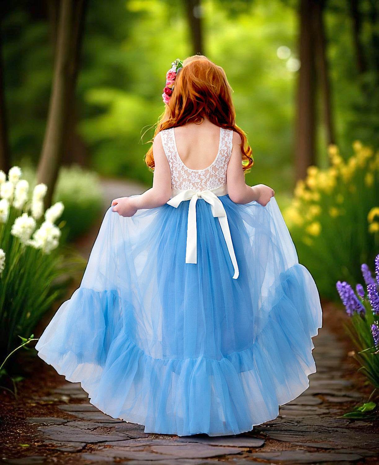Sleeveless Dusty Blue Vintage Lace Flower Girl Dress-Junior Bridesmaids