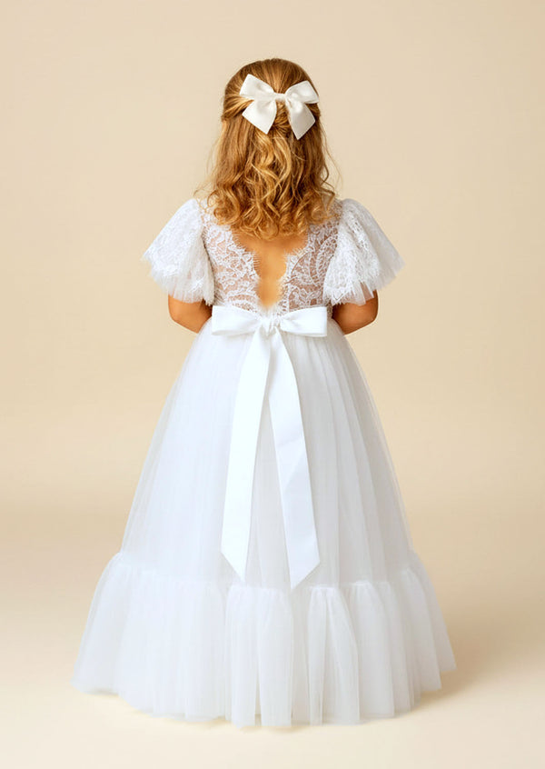 Elegant White Flower Girl Dress -Tulle & Lace for Weddings