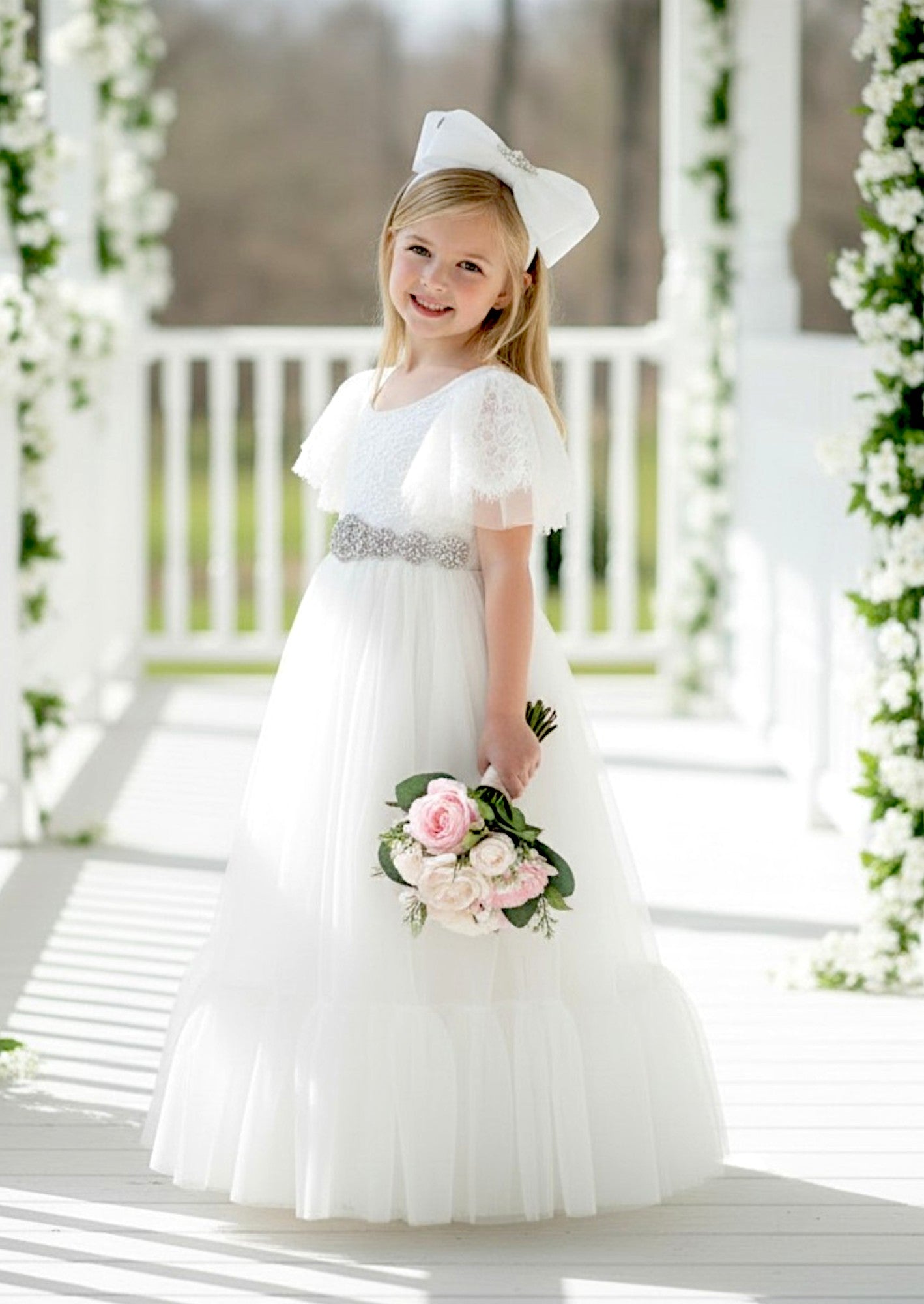 Elegant white flower girl dress for formal weddings
