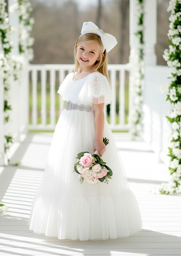 Elegant white flower girl dress for formal weddings