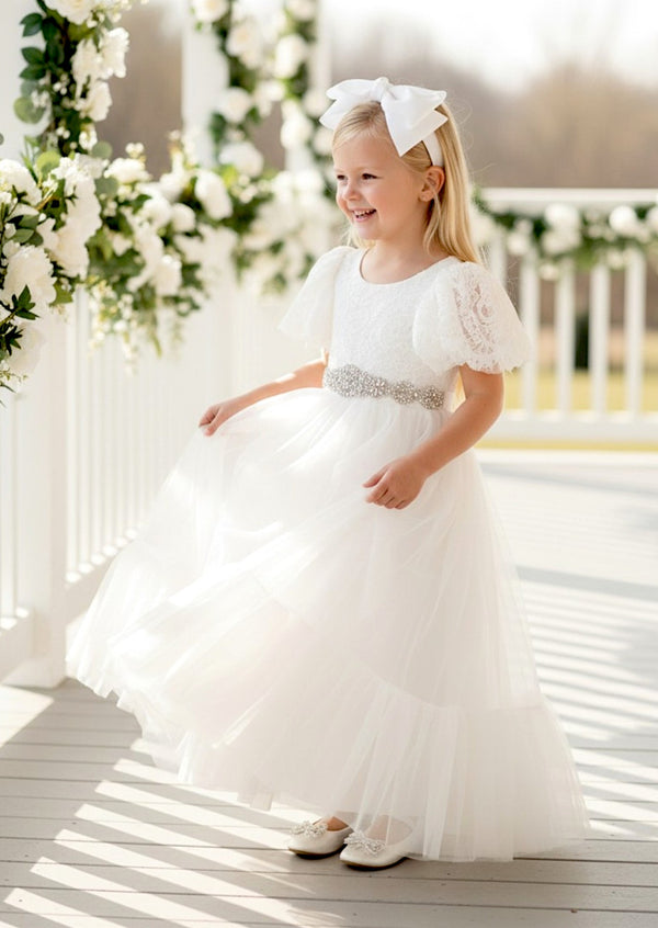 Elegant White White Flounce Hem Flower Girl Dress with Feathered VBacknts Elegant White White Flounce Hem Flower Girl Dress with Feathered VBacknts
