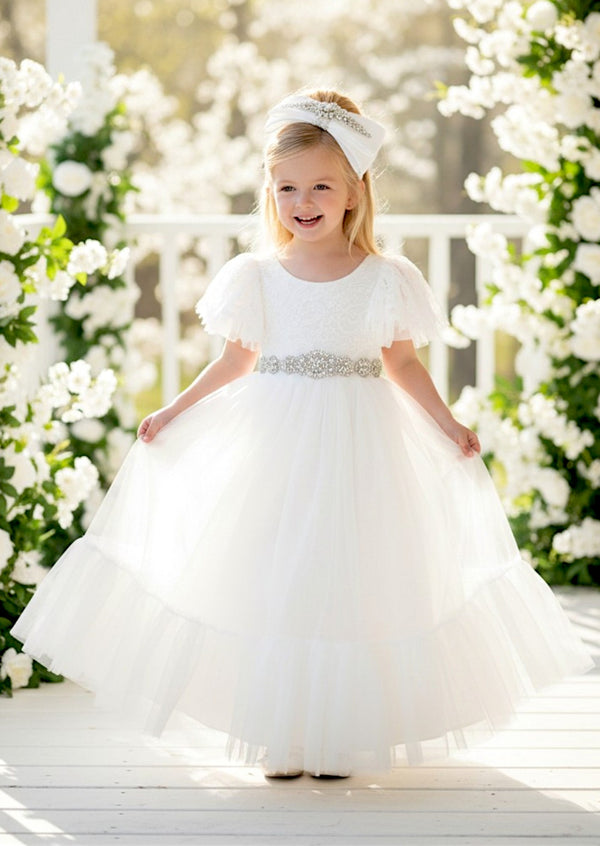 Elegant White White Flounce Hem Flower Girl Dress with Feathered V‑Backnts Elegant White White Flounce Hem Flower Girl Dress with Feathered V‑Backnts