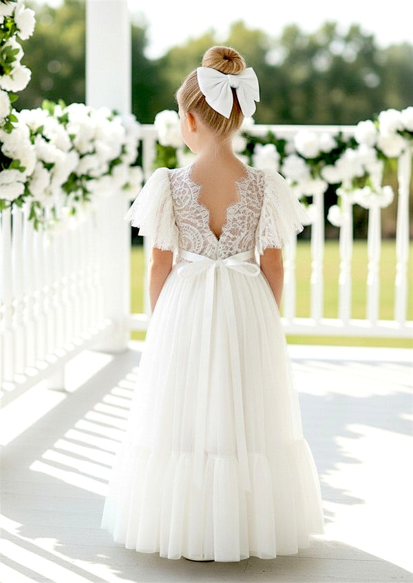 Elegant White White Flounce Hem Flower Girl Dress with Feathered VBacknts Elegant White White Flounce Hem Flower Girl Dress with Feathered VBacknts