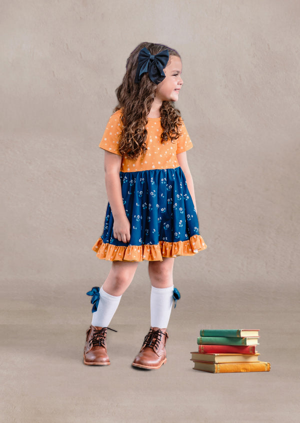 Toddler Girl Twirl Dresses for Fall in Navy Gold